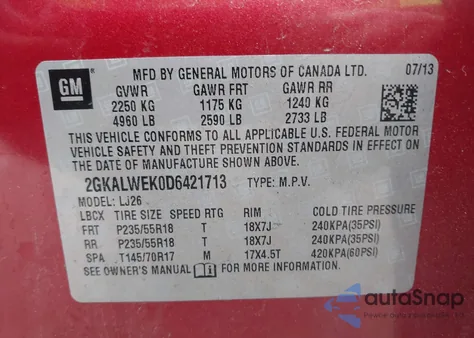 2013 GMC Terrain Slt-2 из США, поврежденный, VIN 2GKALWEK0D6421713